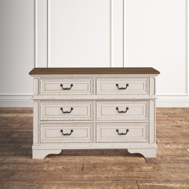 Cottage Charm White & Mahogany 6-Drawer Dresser with Mirror