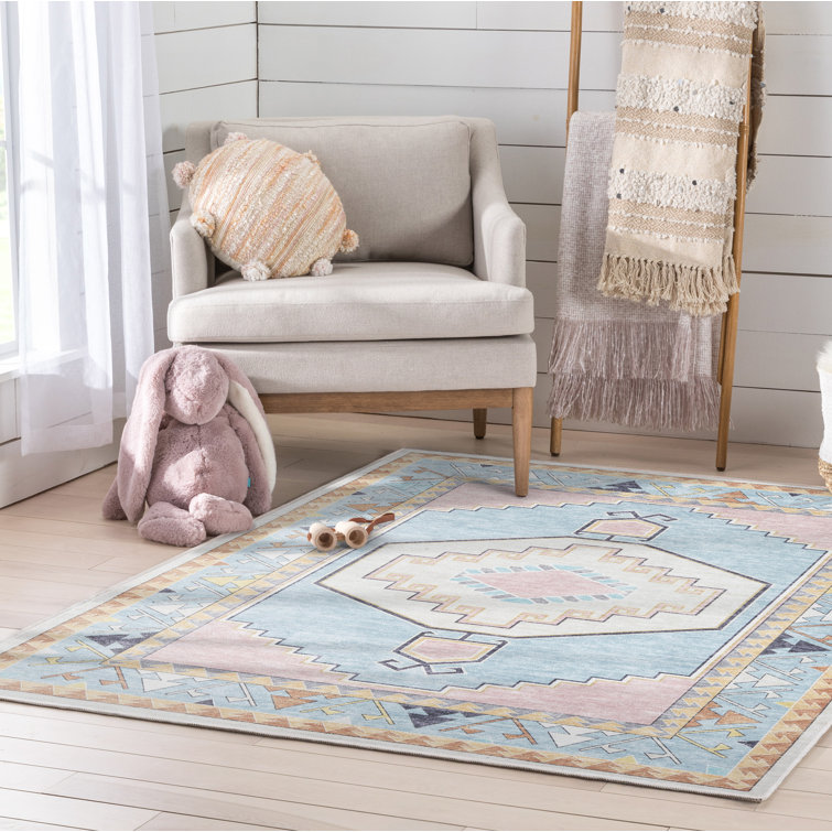 Apollo Pink and Blue Polyester Chenille Kids Area Rug 5' x 7'