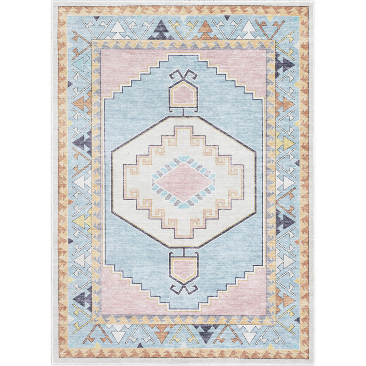 Apollo Pink and Blue Polyester Chenille Kids Area Rug 5' x 7'