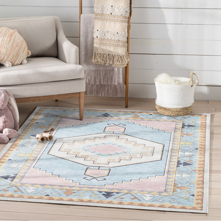 Apollo Pink and Blue Polyester Chenille Kids Area Rug 5' x 7'