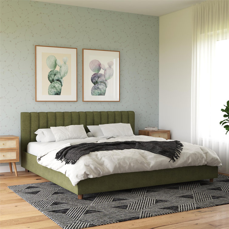 King Green Linen Upholstered Platform Bed with Oak Legs