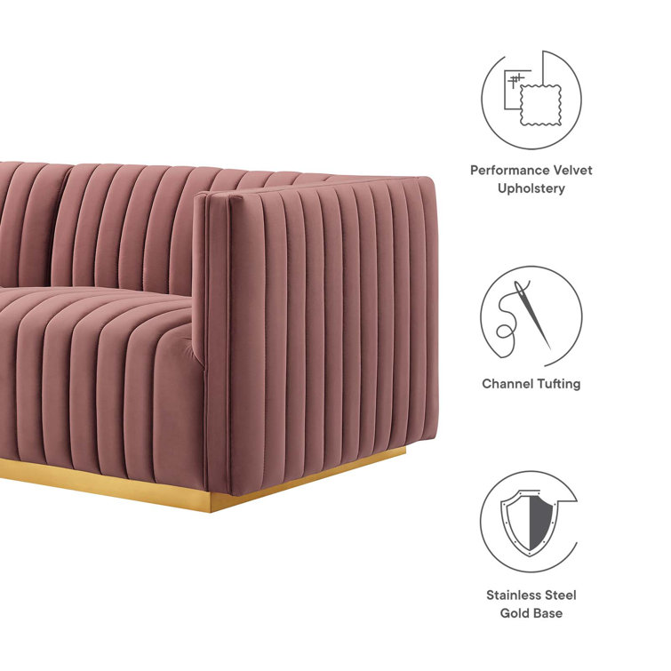 Elegant Gold Gray Velvet Tufted Sofa with Brushed Gold Base