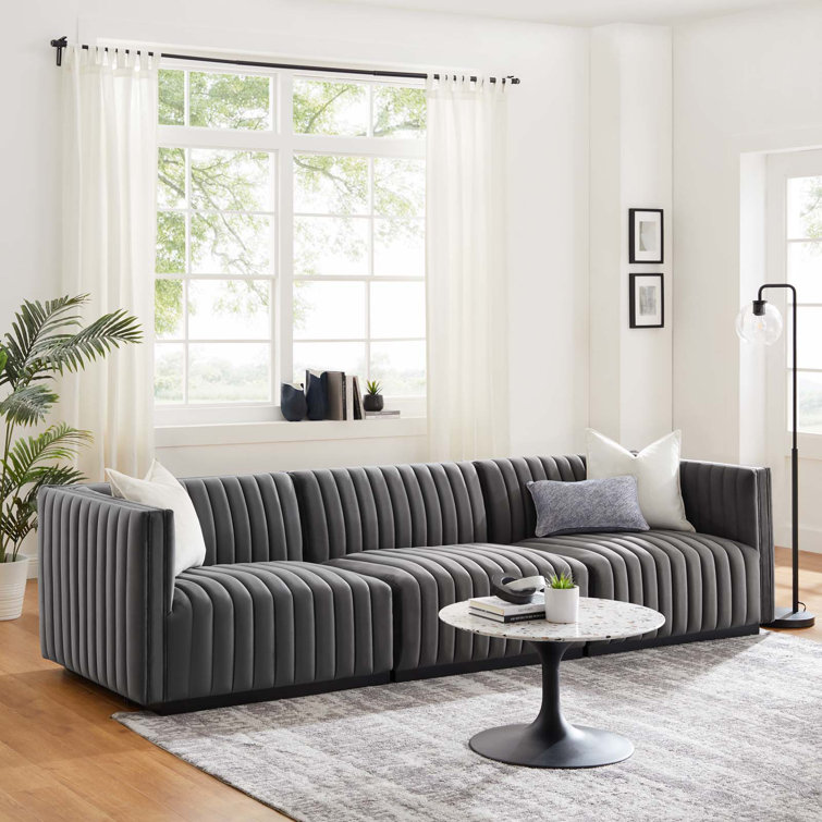 Elegant Black Gray Channel Tufted Velvet 3-Seater Sofa
