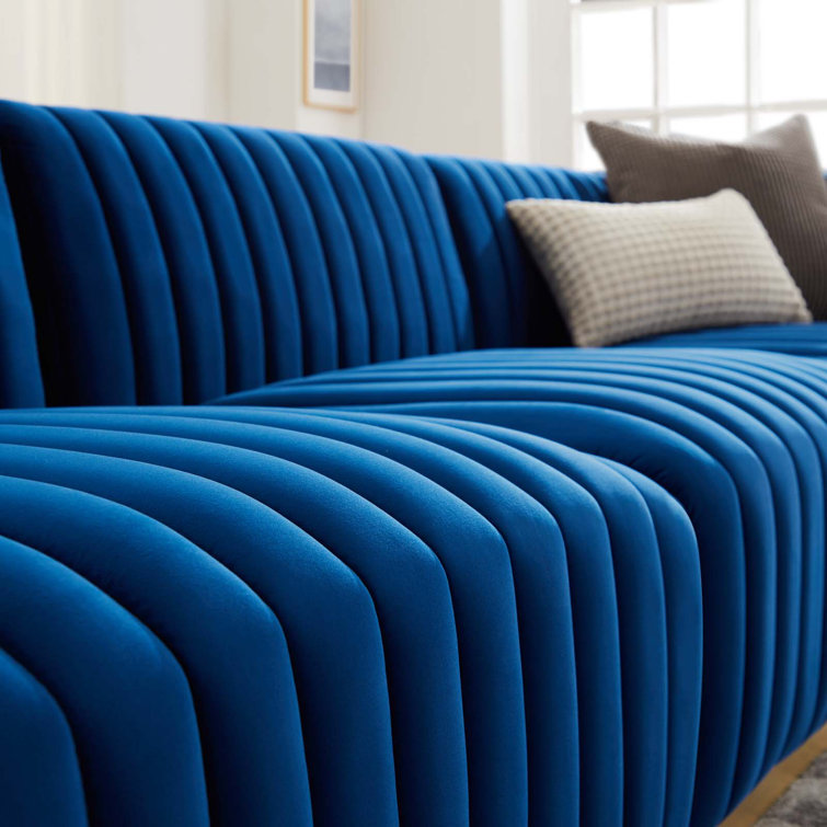 Elegant Gold Navy Tufted Velvet Sofa with Brushed Gold Base