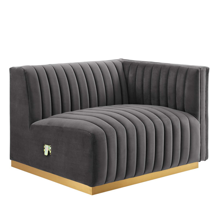 Elegant Gold Gray Velvet Tufted Sofa with Brushed Gold Base