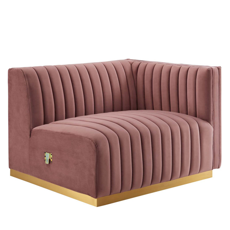 Elegant Gold Gray Velvet Tufted Sofa with Brushed Gold Base