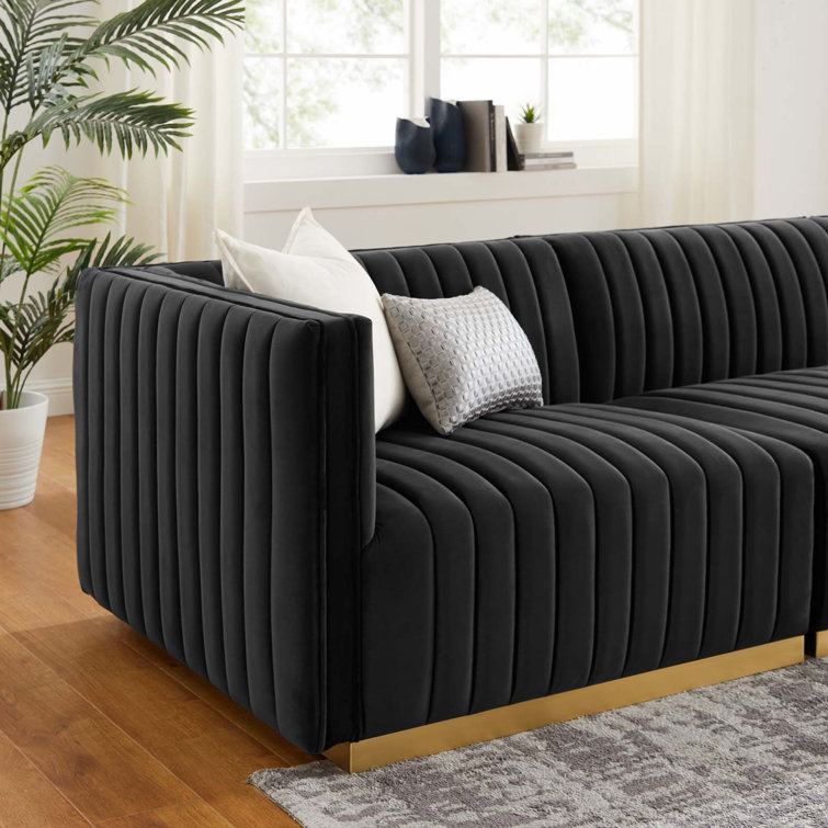 Gold Black Tufted Velvet Track Arm Sofa, 119"
