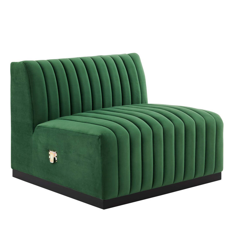 Green Velvet Channel Tufted Sofa with Black Base