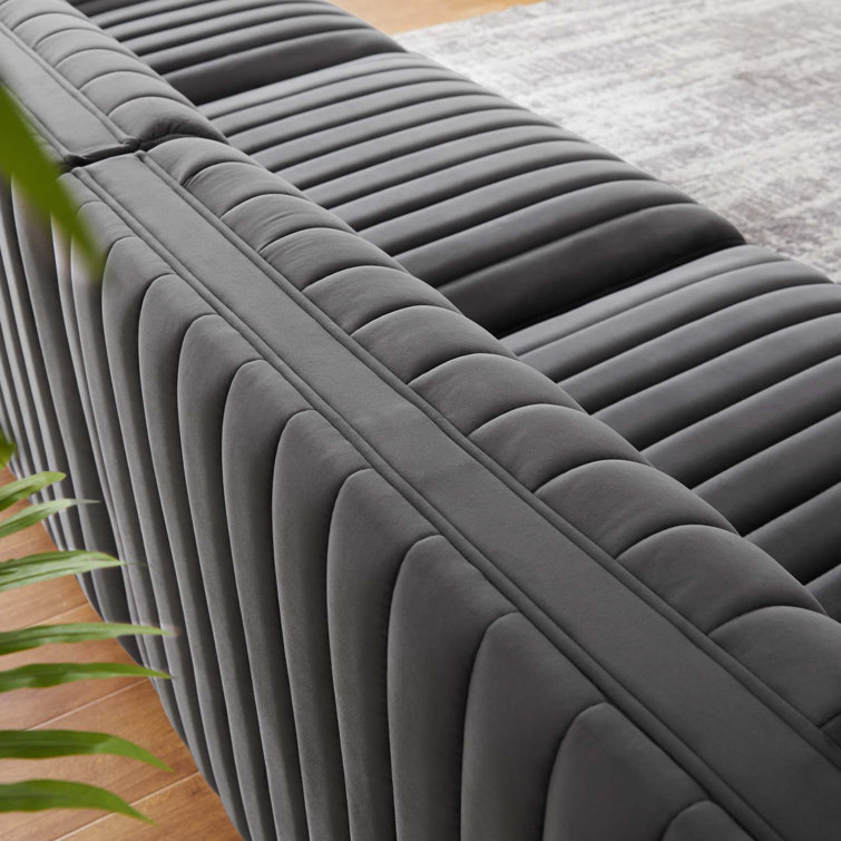 Elegant Black Gray Channel Tufted Velvet 3-Seater Sofa