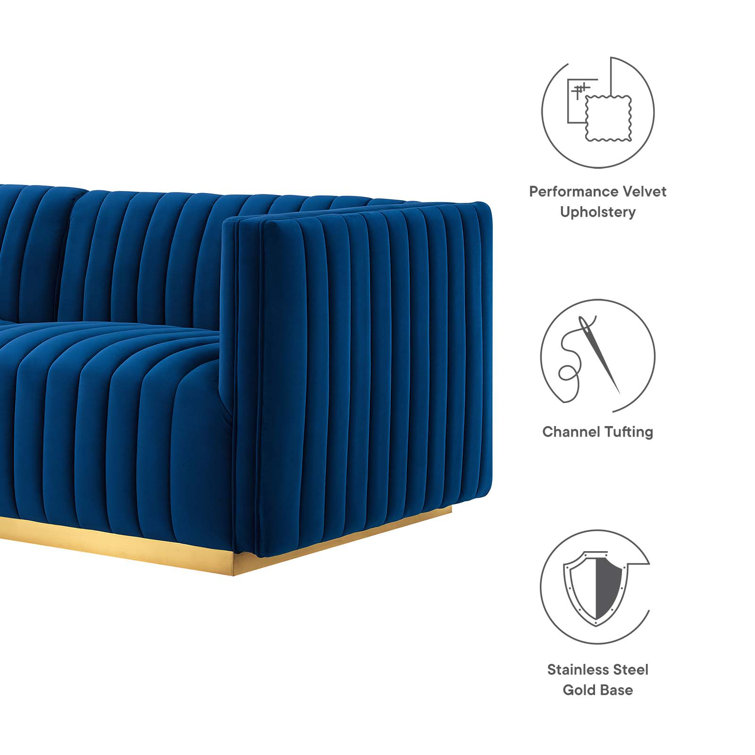Elegant Gold Navy Tufted Velvet Sofa with Brushed Gold Base