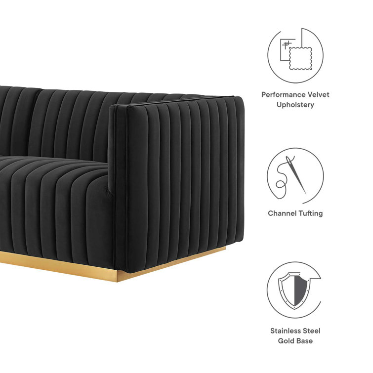 Gold Black Tufted Velvet Track Arm Sofa, 119"