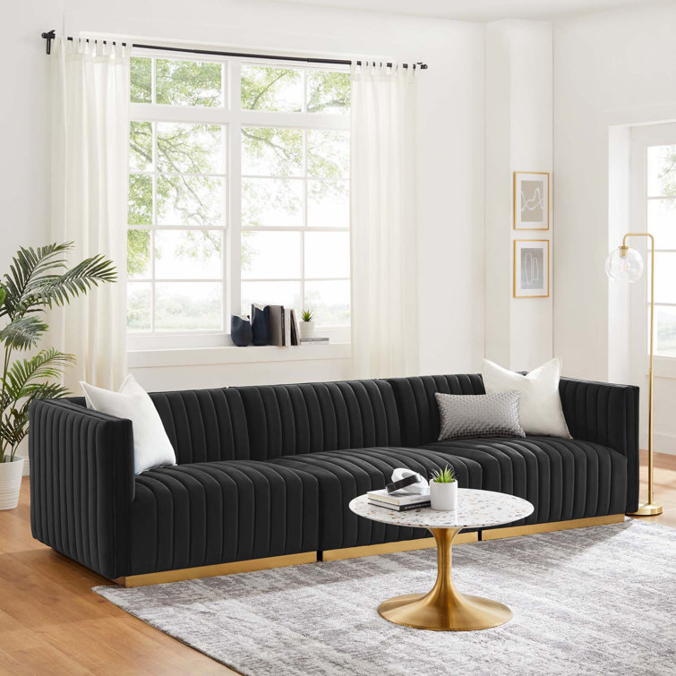 Gold Black Tufted Velvet Track Arm Sofa, 119"
