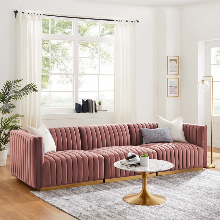 Elegant Gold Gray Velvet Tufted Sofa with Brushed Gold Base