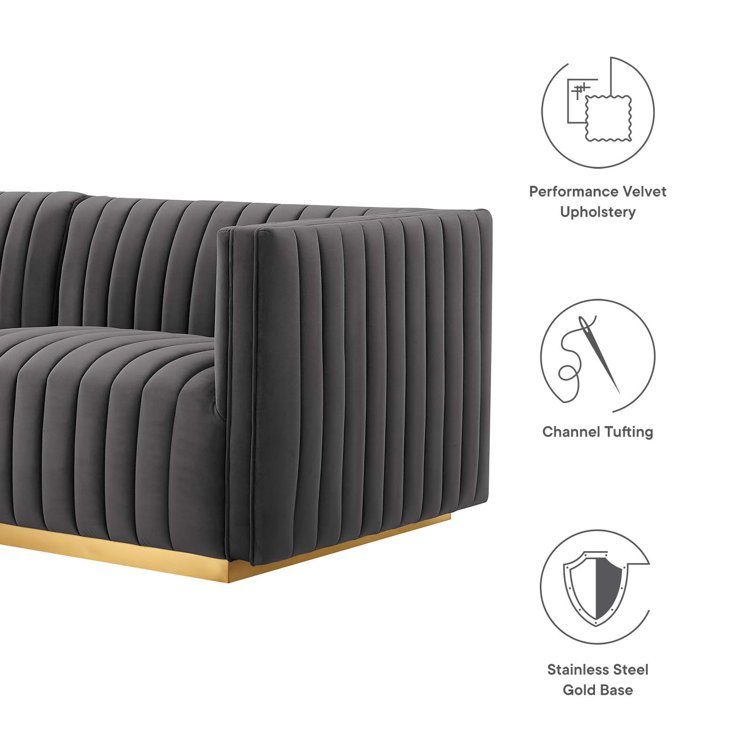 Elegant Gold Gray Velvet Tufted Sofa with Brushed Gold Base