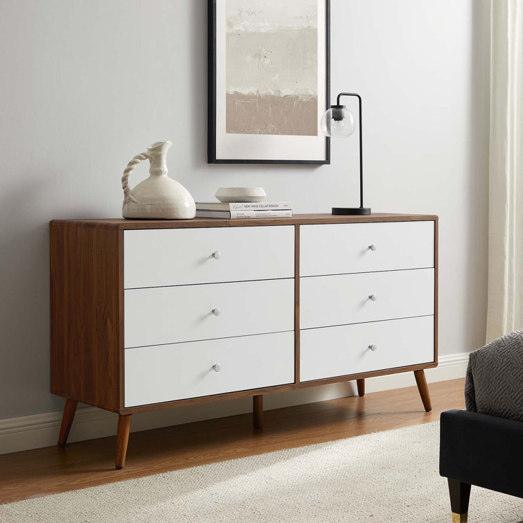 Mid-Century 60'' White and Walnut Dresser with Chrome Pulls