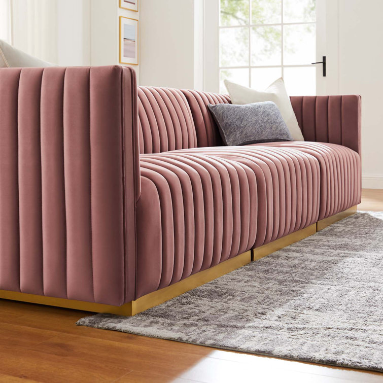 Elegant Gold Gray Velvet Tufted Sofa with Brushed Gold Base