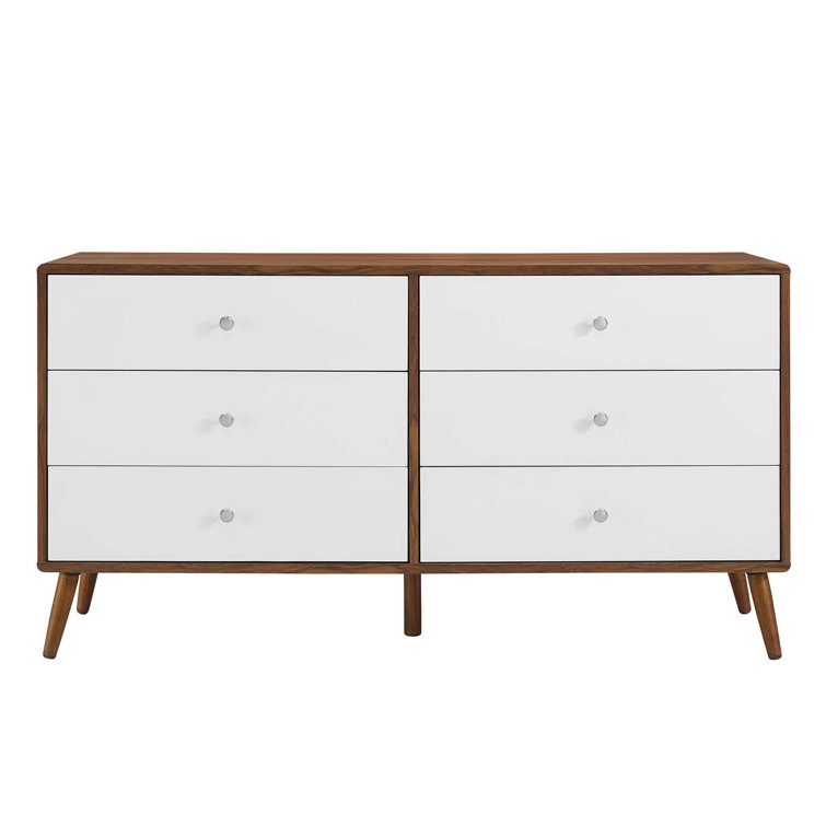 Mid-Century 60'' White and Walnut Dresser with Chrome Pulls