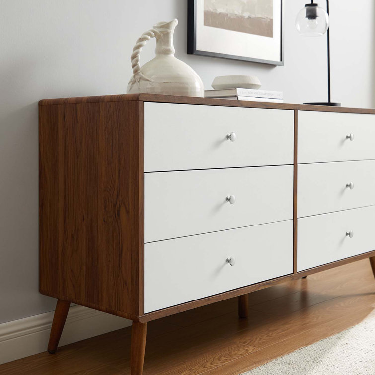 Mid-Century 60'' White and Walnut Dresser with Chrome Pulls