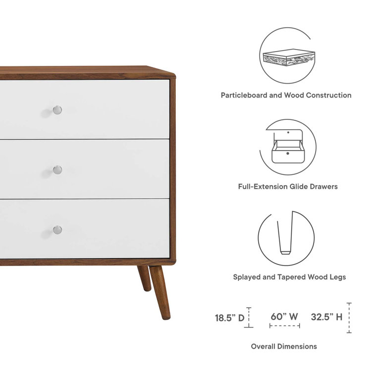 Mid-Century 60'' White and Walnut Dresser with Chrome Pulls