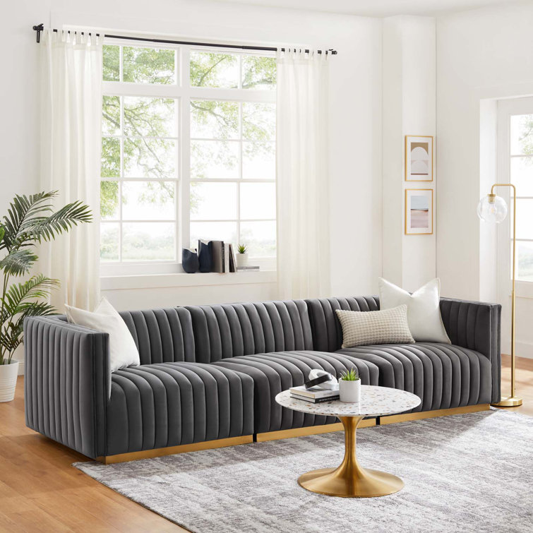 Elegant Gold Gray Velvet Tufted Sofa with Brushed Gold Base