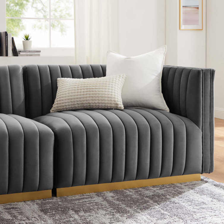 Elegant Gold Gray Velvet Tufted Sofa with Brushed Gold Base