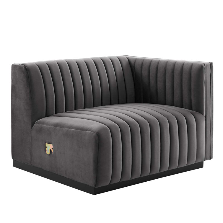 Elegant Black Gray Channel Tufted Velvet 3-Seater Sofa