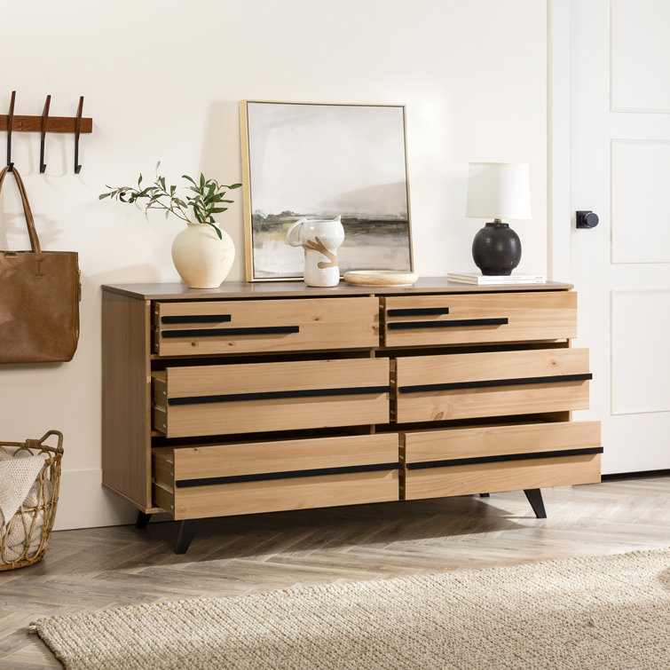 Natural Pine Mid-Century Modern 6-Drawer Solid Wood Dresser