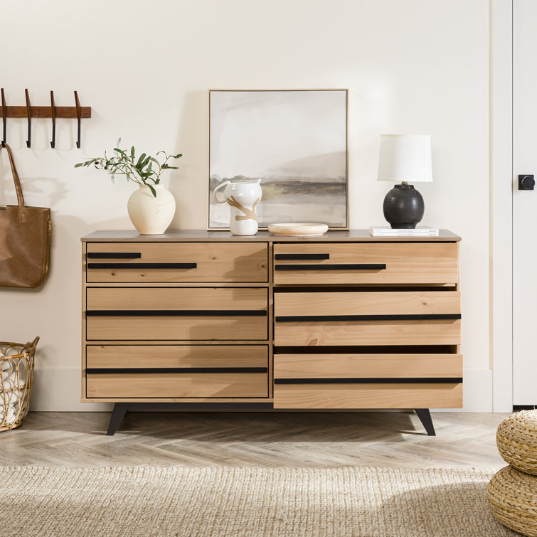 Natural Pine Mid-Century Modern 6-Drawer Solid Wood Dresser