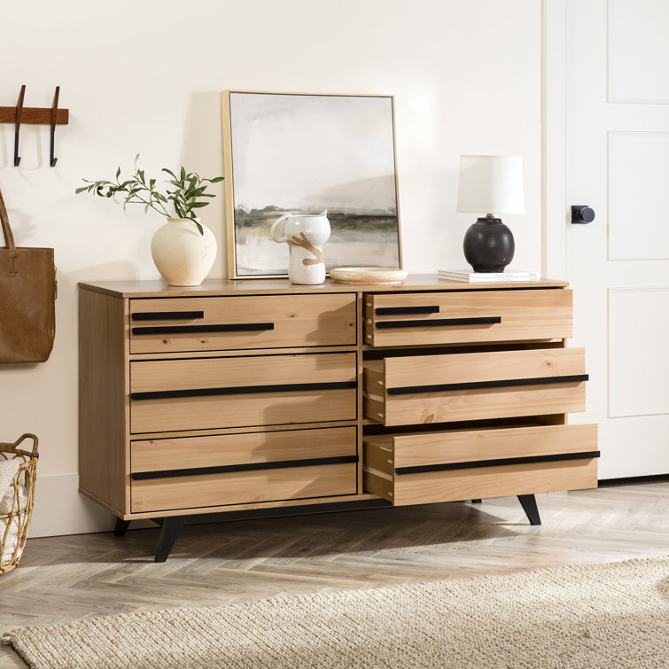 Natural Pine Mid-Century Modern 6-Drawer Solid Wood Dresser