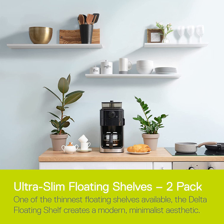 White Ultra Slim Floating Wood Wall Shelves, Set of 2