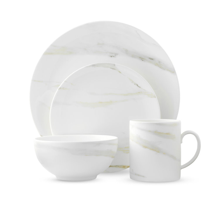 White Porcelain 4 Piece Place Setting with Marble Striations