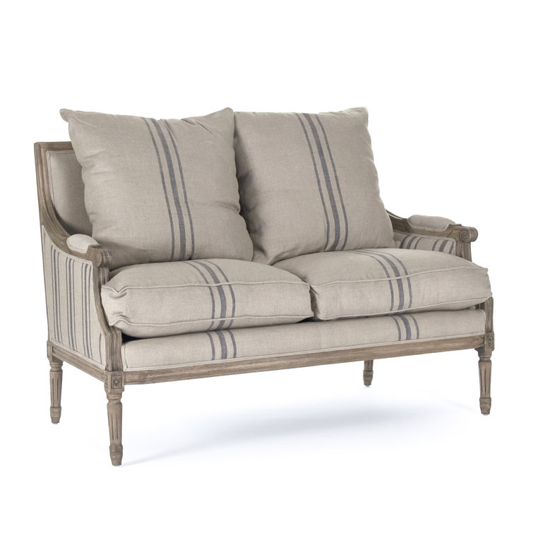 English Khaki Linen and Blue Stripe Louis Settee Loveseat