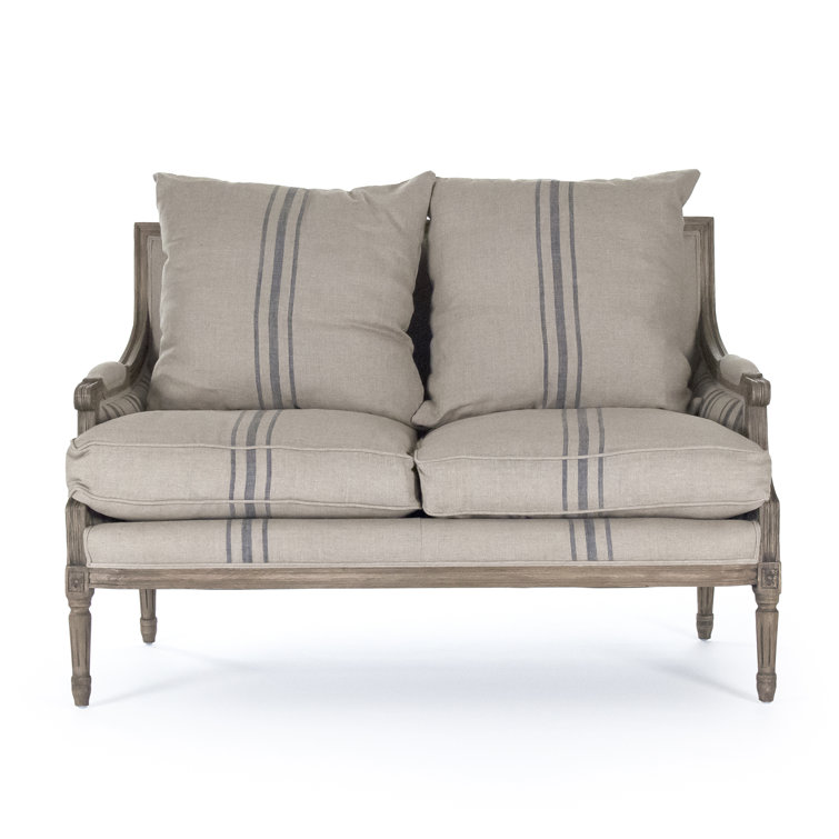 English Khaki Linen and Blue Stripe Louis Settee Loveseat