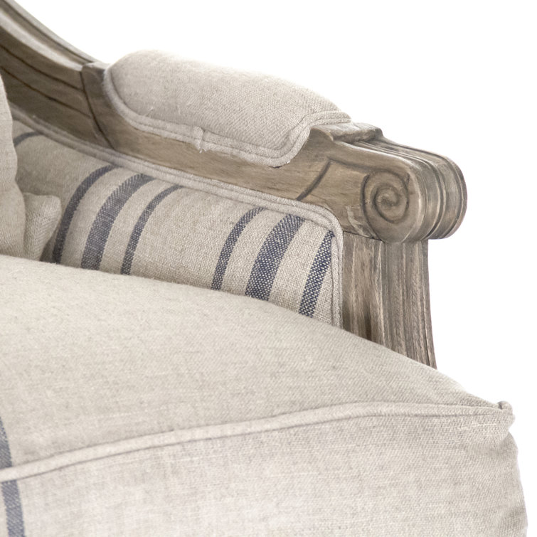 English Khaki Linen and Blue Stripe Louis Settee Loveseat