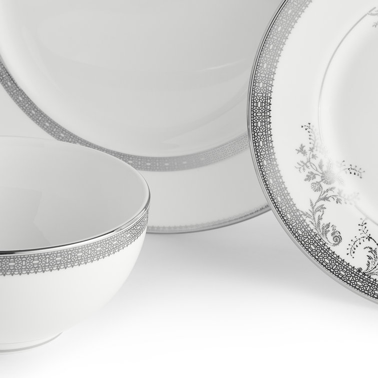 Gray Porcelain Floral Lace 12-Piece Dinnerware Set