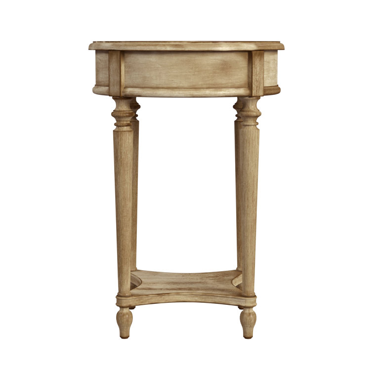 Antique Beige Round Wooden End Table with Storage Drawer