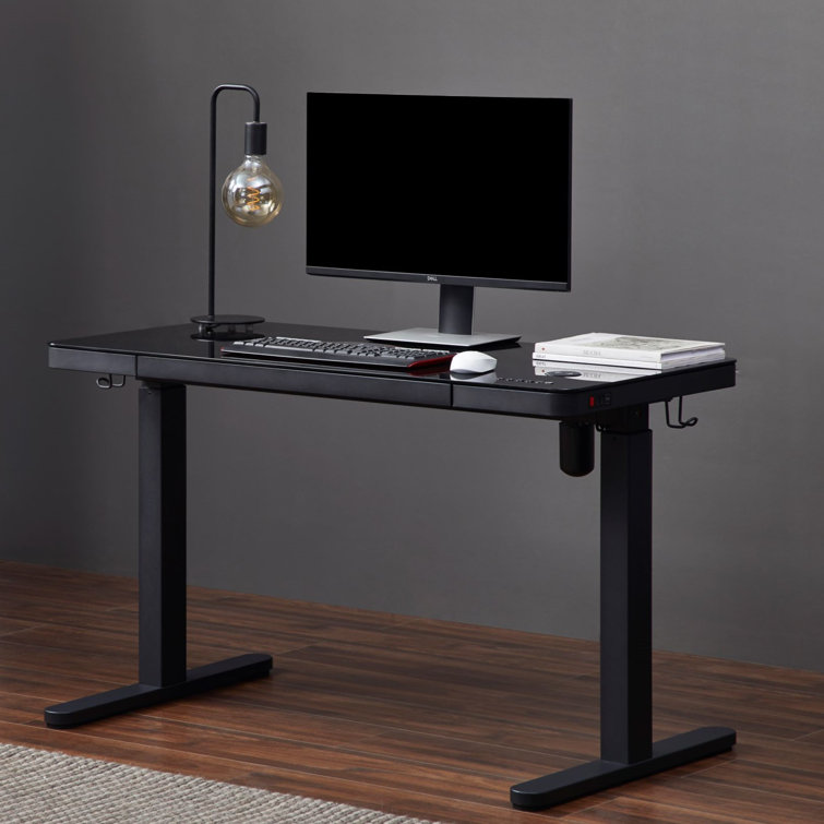 48" Black Glass Electric Height Adjustable Standing Desk with Drawer