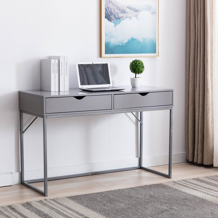 Contemporary Gray Wood Writing Desk with Drawer and Metal Base
