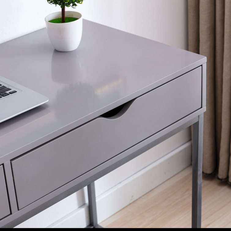 Contemporary Gray Wood Writing Desk with Drawer and Metal Base
