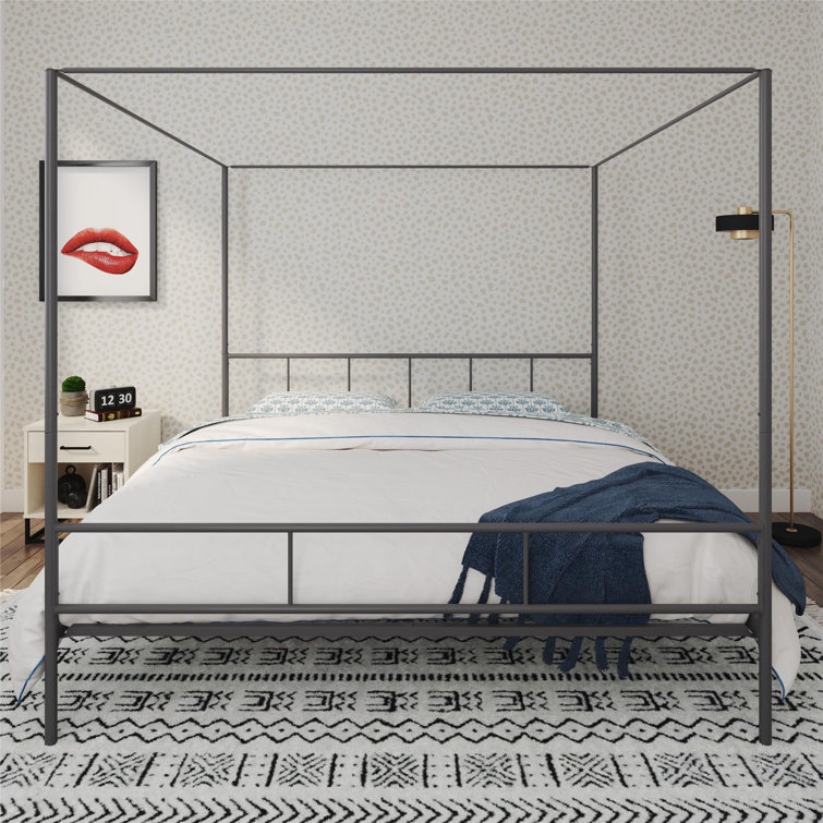King Size Dark Gray Metal Canopy Platform Bed with Headboard