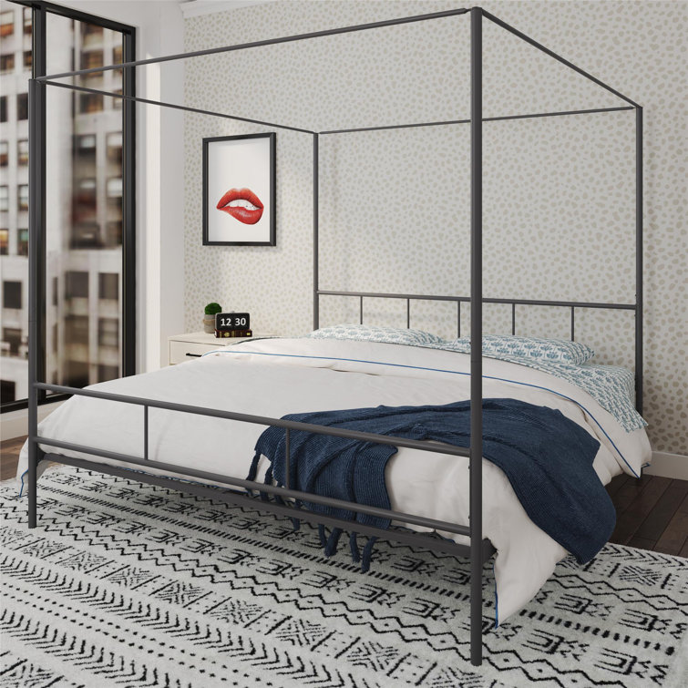 King Size Dark Gray Metal Canopy Platform Bed with Headboard