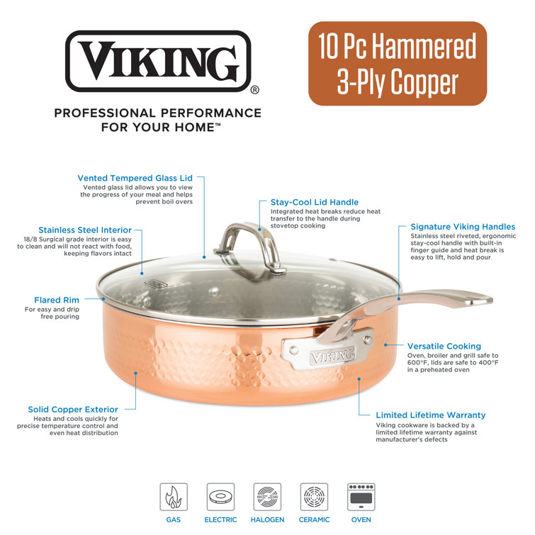Viking 3-Ply Hammered Copper and Stainless Steel 10-Piece Cookware Set