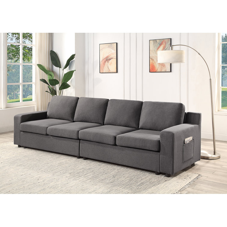 Waylon Gray Linen 4-Seater Sofa with Storage Pockets