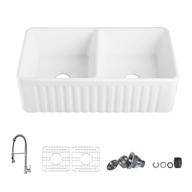 Eclipse 33" White Ceramic Double Basin Farmhouse Sink