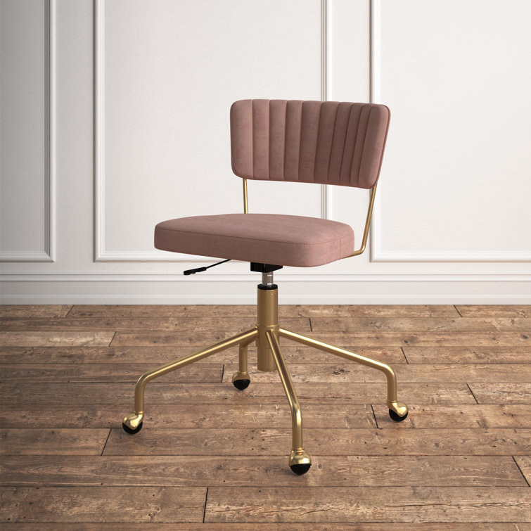 Contemporary Pink Velvet Swivel Task Chair with Gold Metal Base