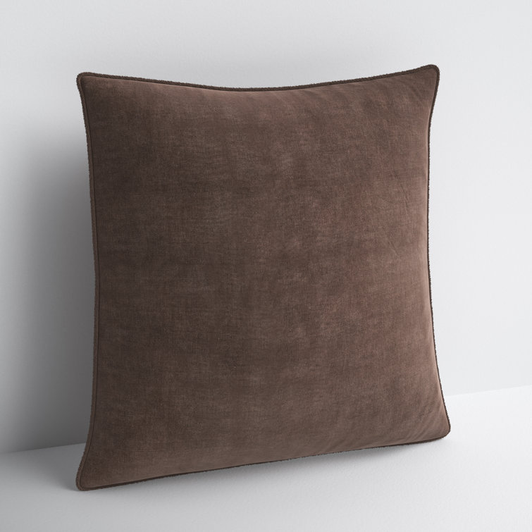 Tan Cotton Square Embroidered Throw Pillow with Fringed Edges