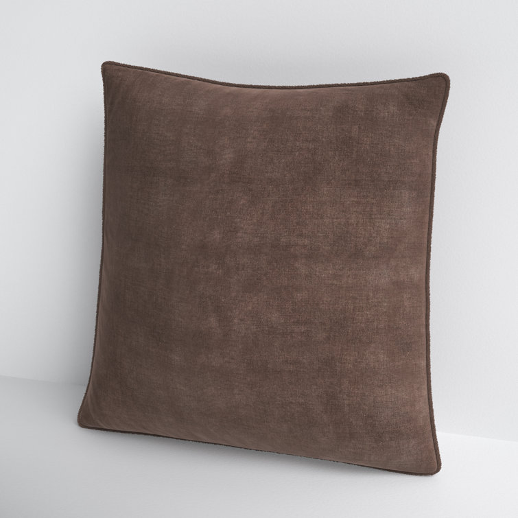 Tan Cotton Square Embroidered Throw Pillow with Fringed Edges