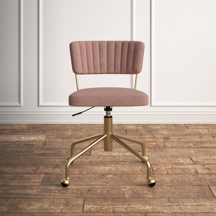 Contemporary Pink Velvet Swivel Task Chair with Gold Metal Base