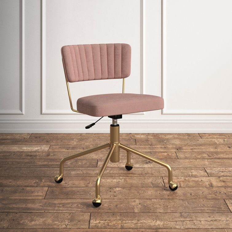 Contemporary Pink Velvet Swivel Task Chair with Gold Metal Base