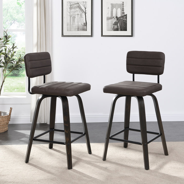 Brown Faux Leather Swivel Bar Stools with Low Back, Set of 2